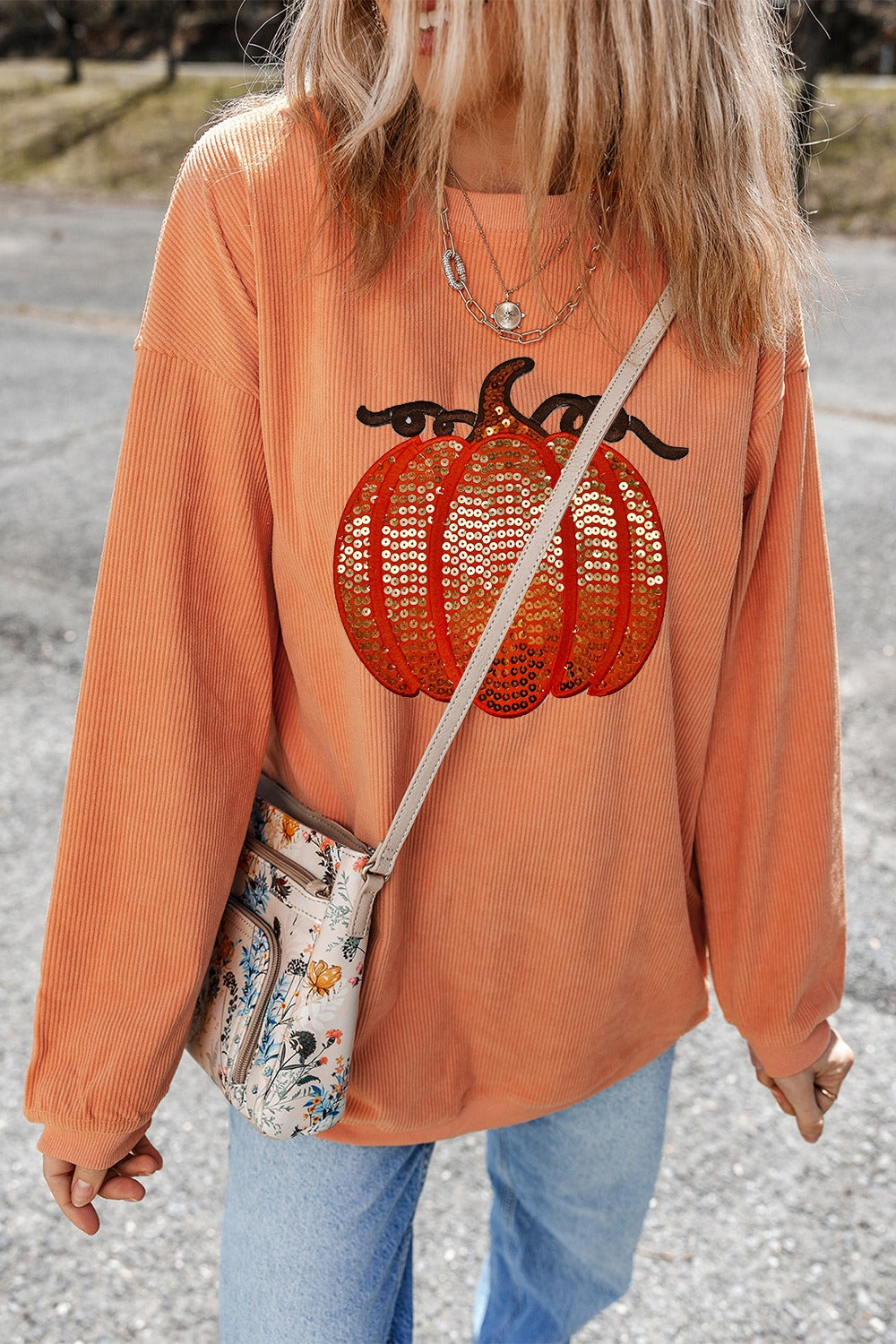 Sequin Pumpkin Round Neck Long Sleeve Sweatshirt Trandify Deal
