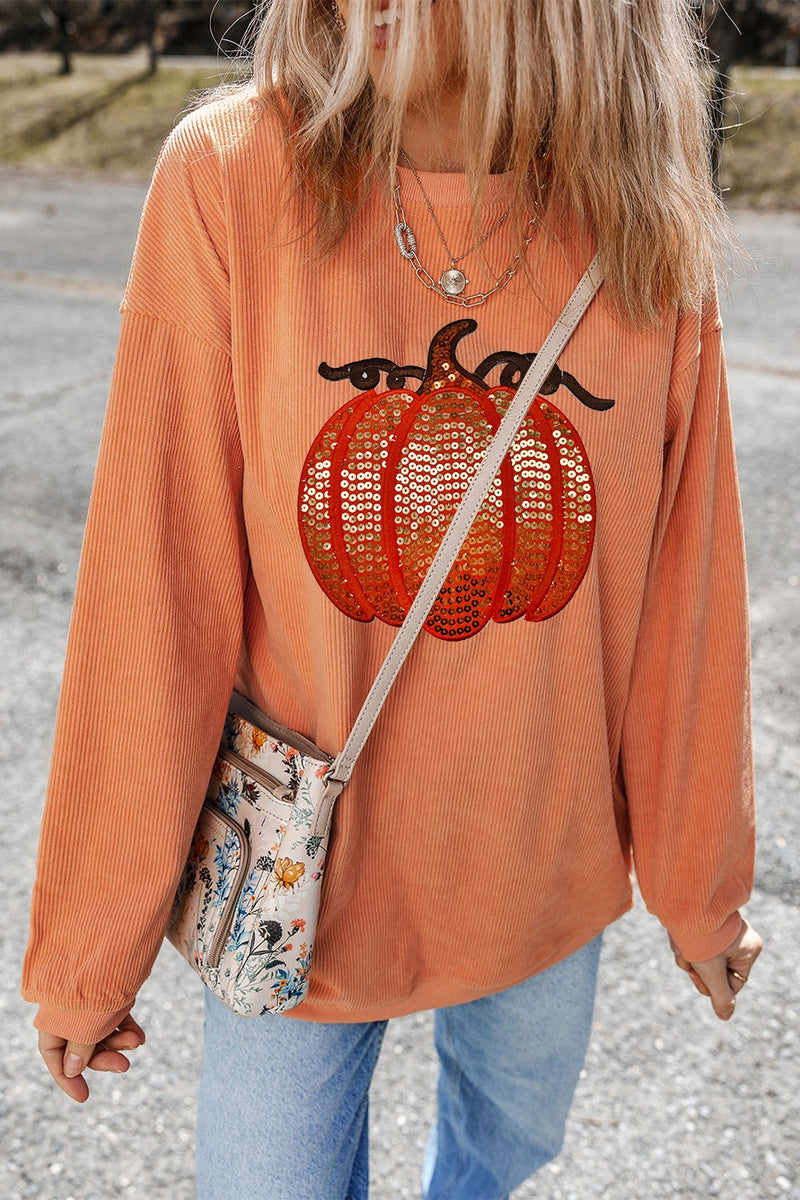 Sequin Pumpkin Round Neck Long Sleeve Sweatshirt Trandify Deal