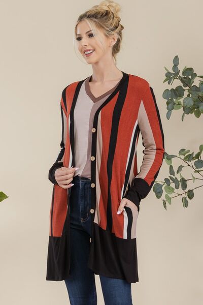 Plus Size Striped Button-Up Cardigan for Women – Long Sleeve Open Front Knit Sweater