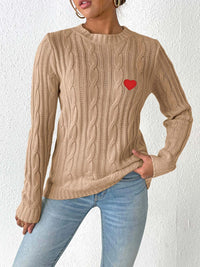 Cable-Knit Heart Round Neck Long Sleeve Sweater Trandify Deal