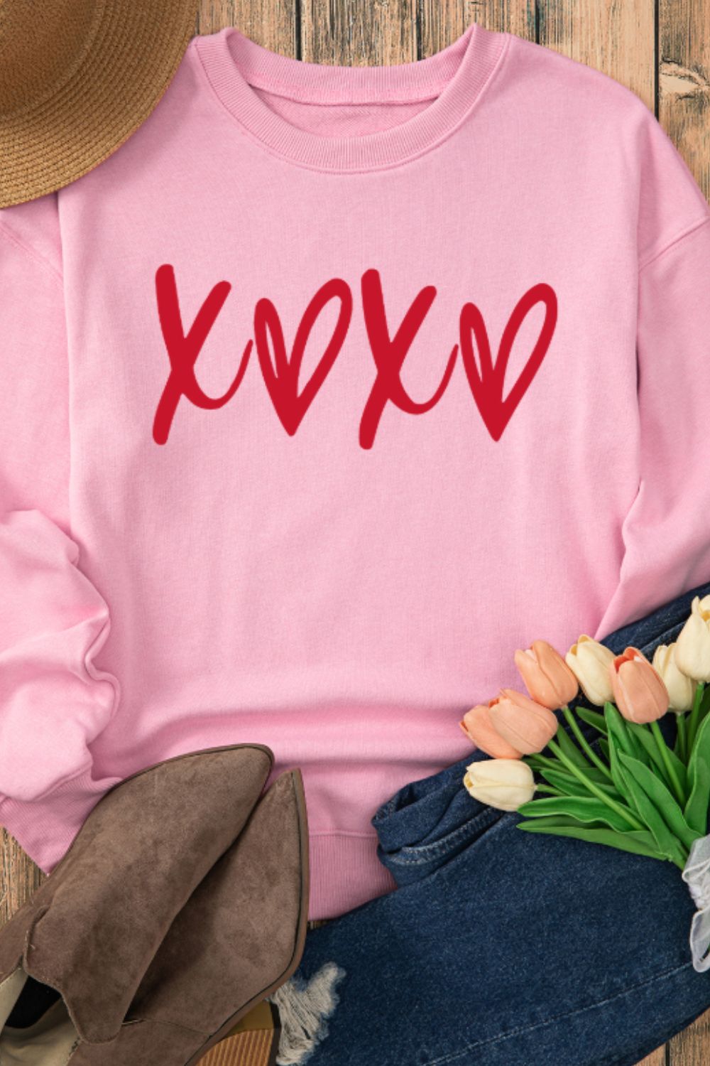 Valentine’s Day XOXO Round Neck Drop Shoulder Sweatshirt Trandify Deal