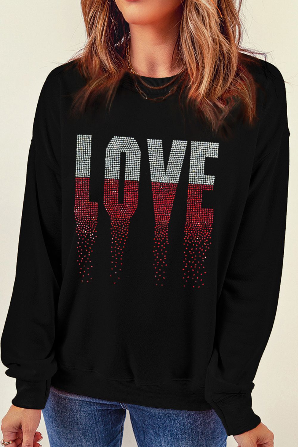 Rhinestone LOVE Round Neck Long Sleeve Sweatshirt Trandify Deal