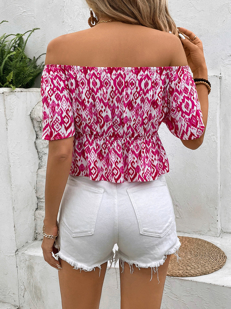 Perfee Peplum Printed Off-Shoulder Short Sleeve Blouse Trandify deal