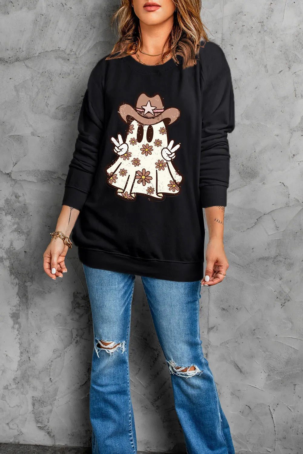 Ghost Round Neck Long Sleeve Sweatshirt Trandify Deal