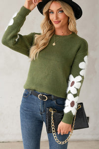 Flower Round Neck Long Sleeve Sweater Trandify Deal