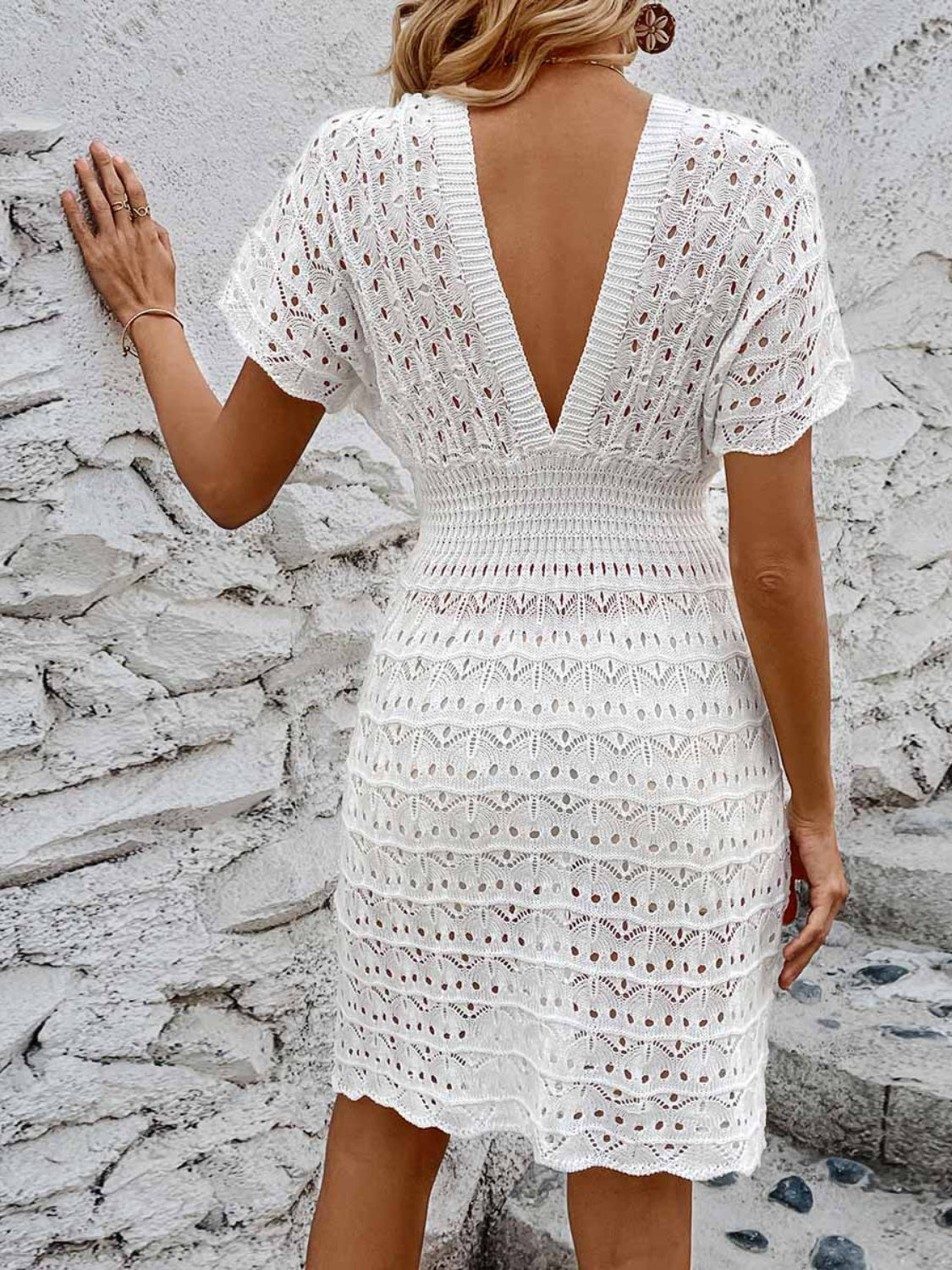 Openwork Plunge Short Sleeve Cover-Up Dress Trandify deal