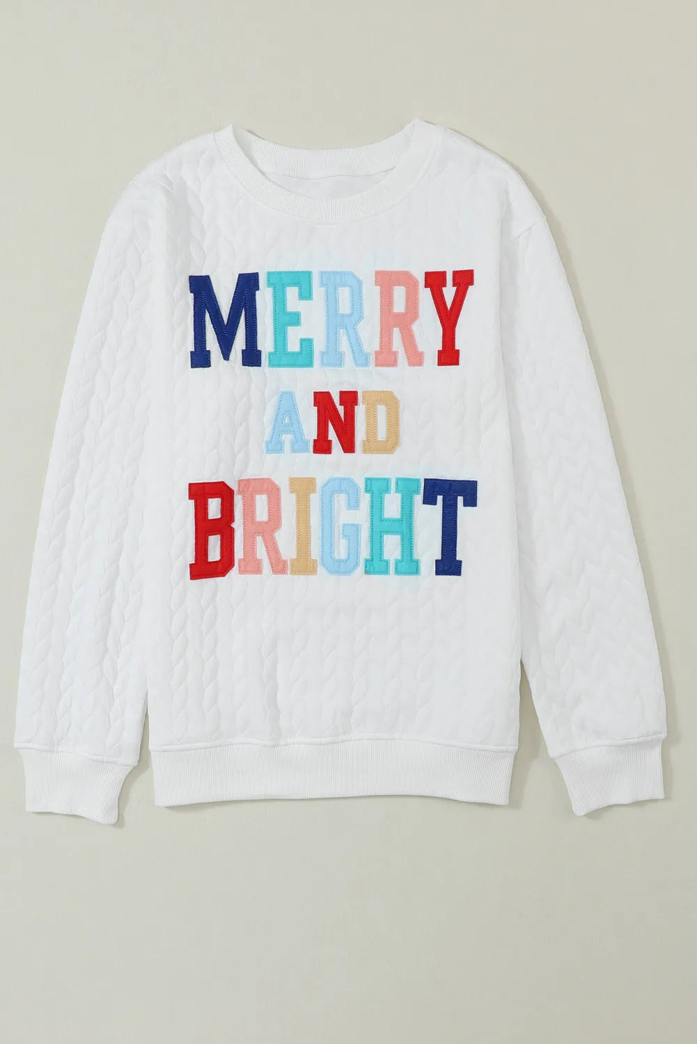 Full Size MERRY AND BRIGHT Cable Knit Pullover Sweatshirt Trandify Deal