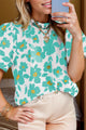 Printed Mock Neck Puff Sleeve Blouse - Trandify Deal