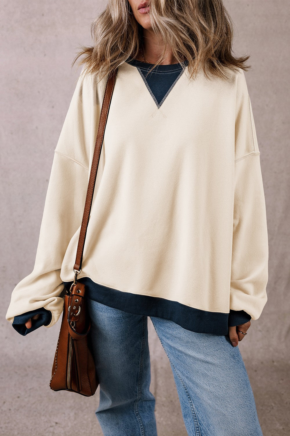 Contrast Round Neck Long Sleeve Sweatshirt Trandify Deal