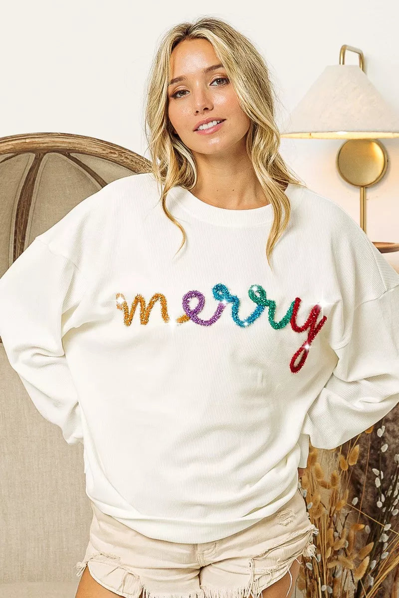 Tinsel Lettering Sweatshirt - Festive Drop Shoulder Top