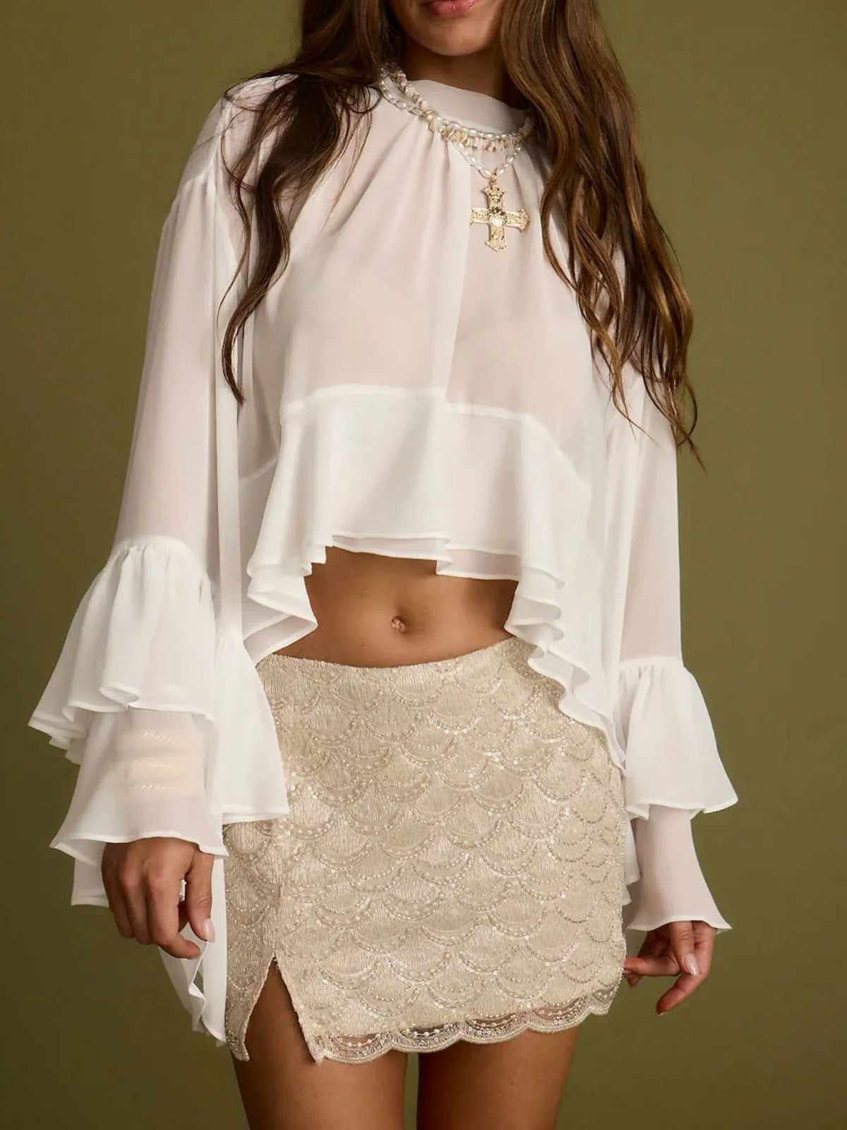 Women's Ruffle Bell Sleeve Blouse – Trendy Flowy Top for 2025