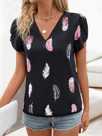 Perfee Printed V-Neck Short Sleeve Blouse Trandify deal