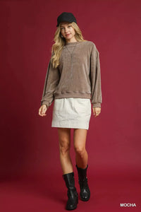 Women's plush velour oversized sweatshirt with large balloon sleeves, shown in Mocha