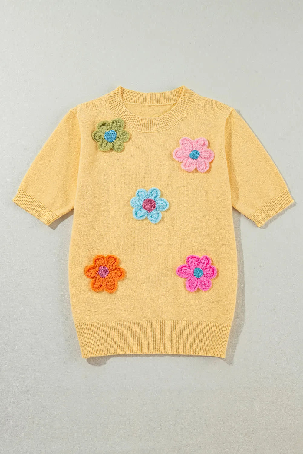Flower Round Neck Short Sleeve Sweater Trandify deal
