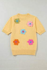 Flower Round Neck Short Sleeve Sweater Trandify deal