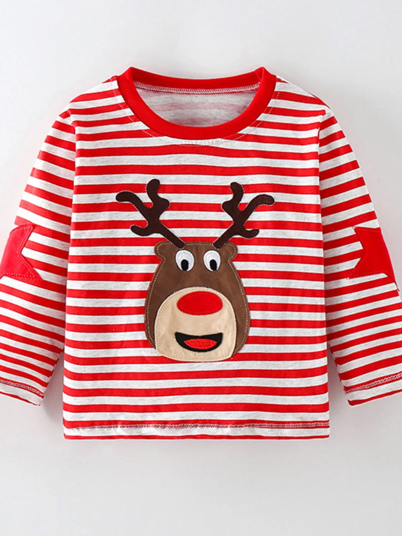 Kids Reindeer Tee - Striped Long Sleeve Holiday Top