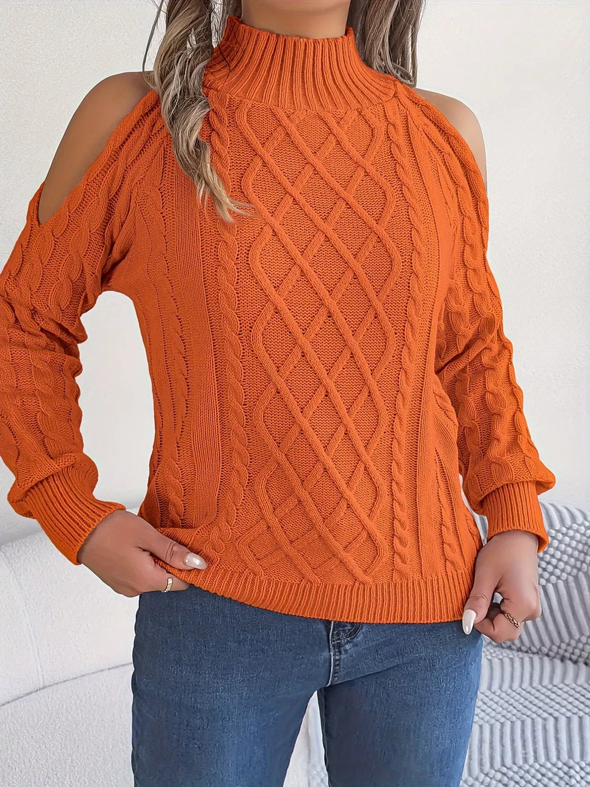 Women's Cold Shoulder Sweater | Cable Knit Turtleneck