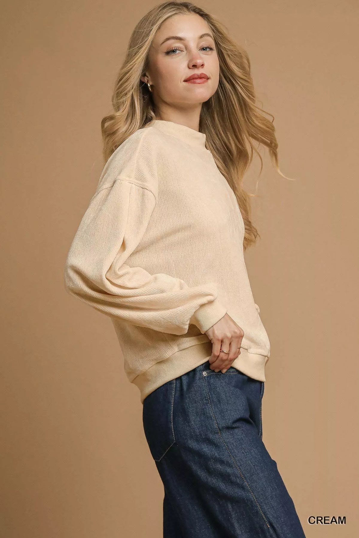 Women's Balloon Sleeve Sweatshirt in Beige - Oversized Velour Pullover Front View