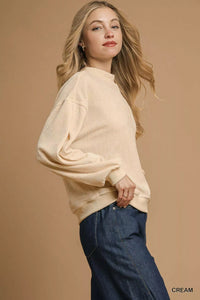 Women's Balloon Sleeve Sweatshirt in Beige - Oversized Velour Pullover Front View