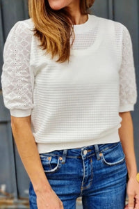Eyelet Round Neck Half Sleeve Blouse - Trandify Deal