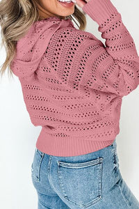 Women's lacy openwork knit hoodie with drawstring hood long sleeve sweater casual boho chic top for fall layering