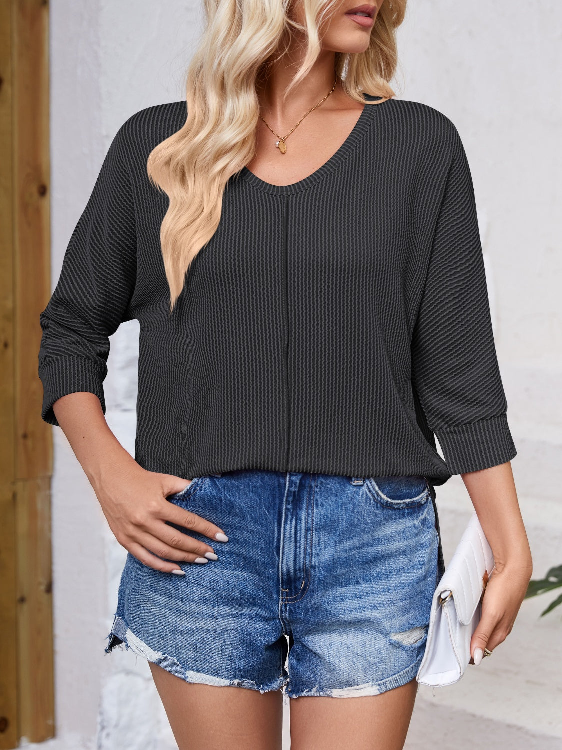 Lovelet Textured Round Neck Three-Quarter Sleeve Blouse Trandify deal