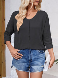 Lovelet Textured Round Neck Three-Quarter Sleeve Blouse Trandify deal