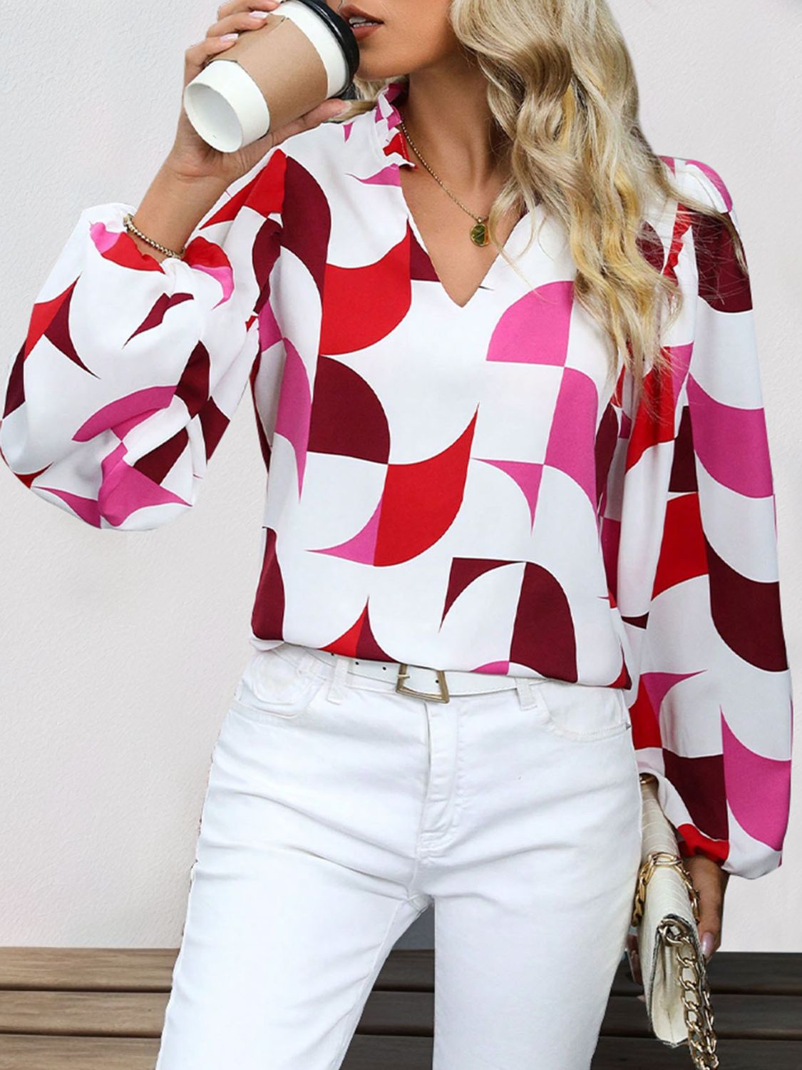 Perfee Frill Notched Long Sleeve Blouse Trandify Deal