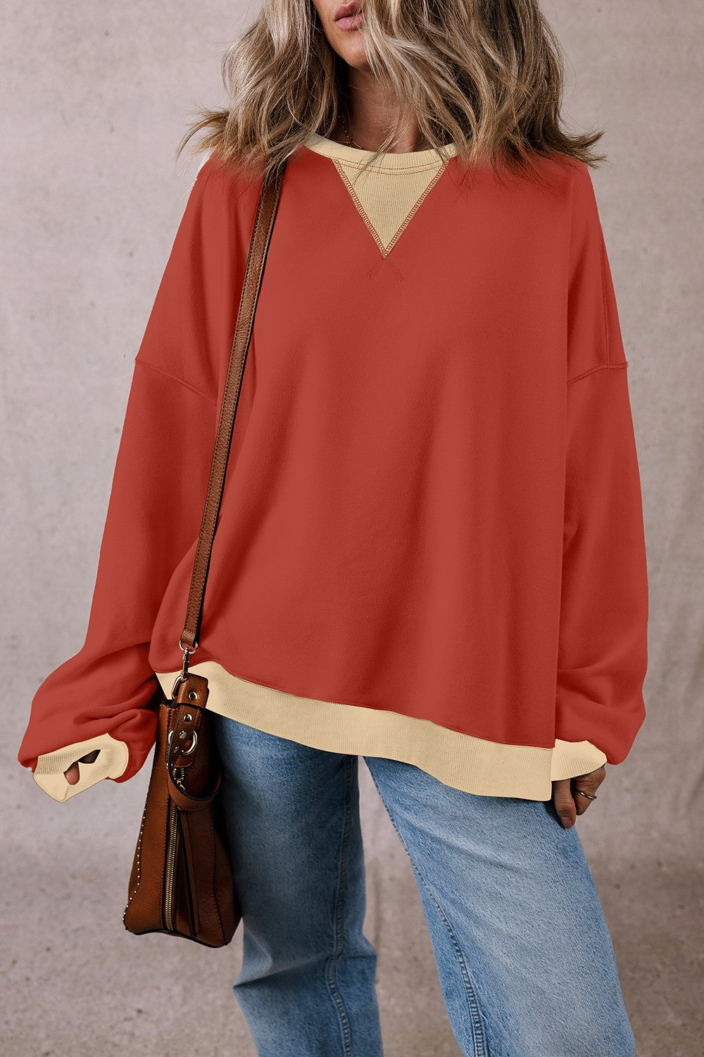 Contrast Round Neck Long Sleeve Sweatshirt Trandify Deal