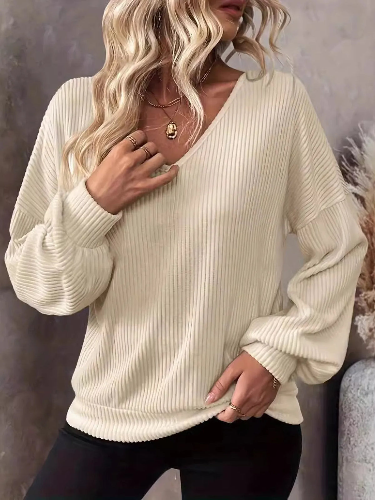 Soft Stretchy Bow Tie Blouse for Women – Fashionable Ribbed Knit Top