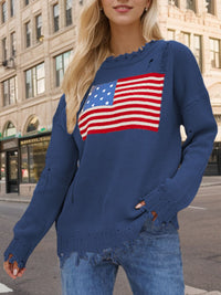 US Flag Distressed Round Neck Long Sleeve Sweater Trendsi