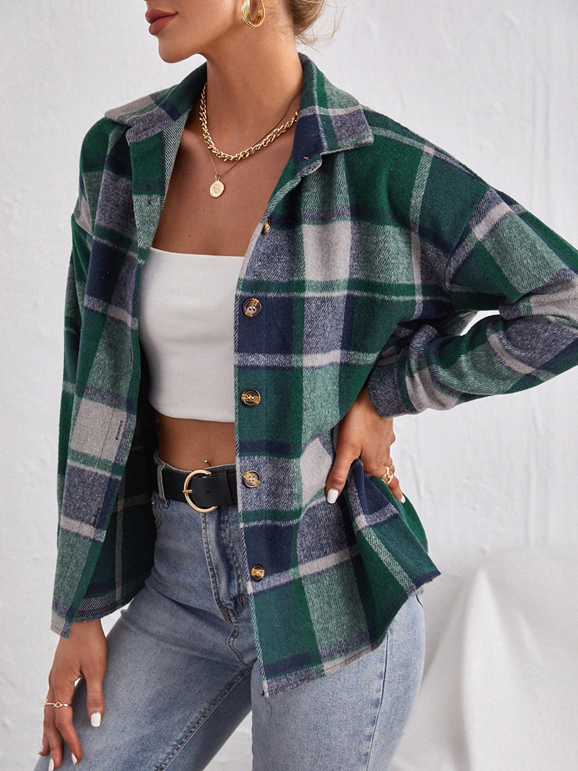 Plaid Collared Neck Button Down Jacket Trandify Deal