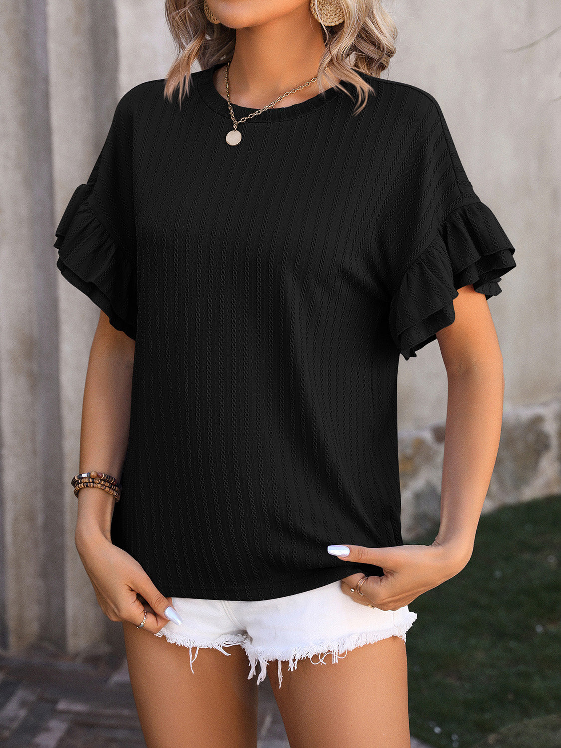 Ruffled Round Neck Short Sleeve Top Trandify deal