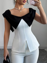 Women’s Slit Contrast Cap Sleeve Blouse – Trendy Fashion Top