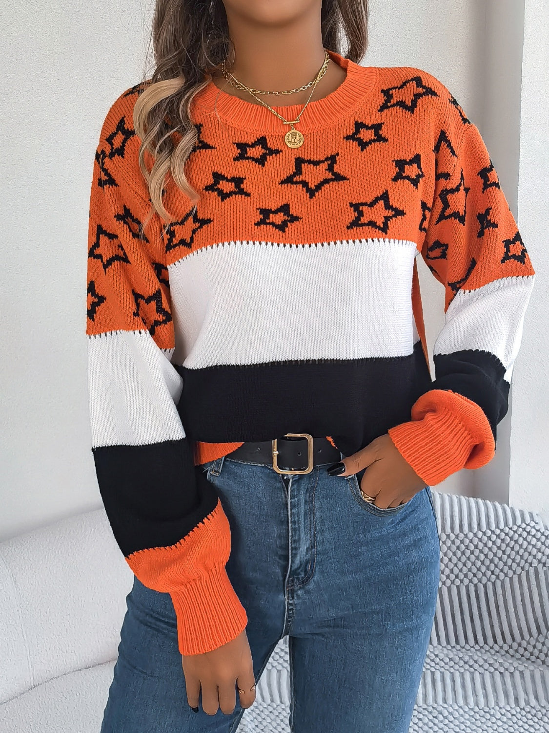 Star Contrast Round Neck Sweater Trandify Deal