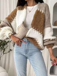Color Block Open Front Cardigan - Basic Long Sleeve Polyester Top