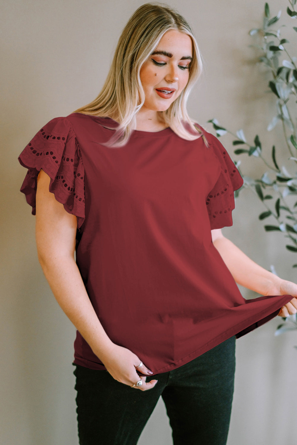 Plus Size Eyelet Round Neck Short Sleeve Blouse Trandify deal