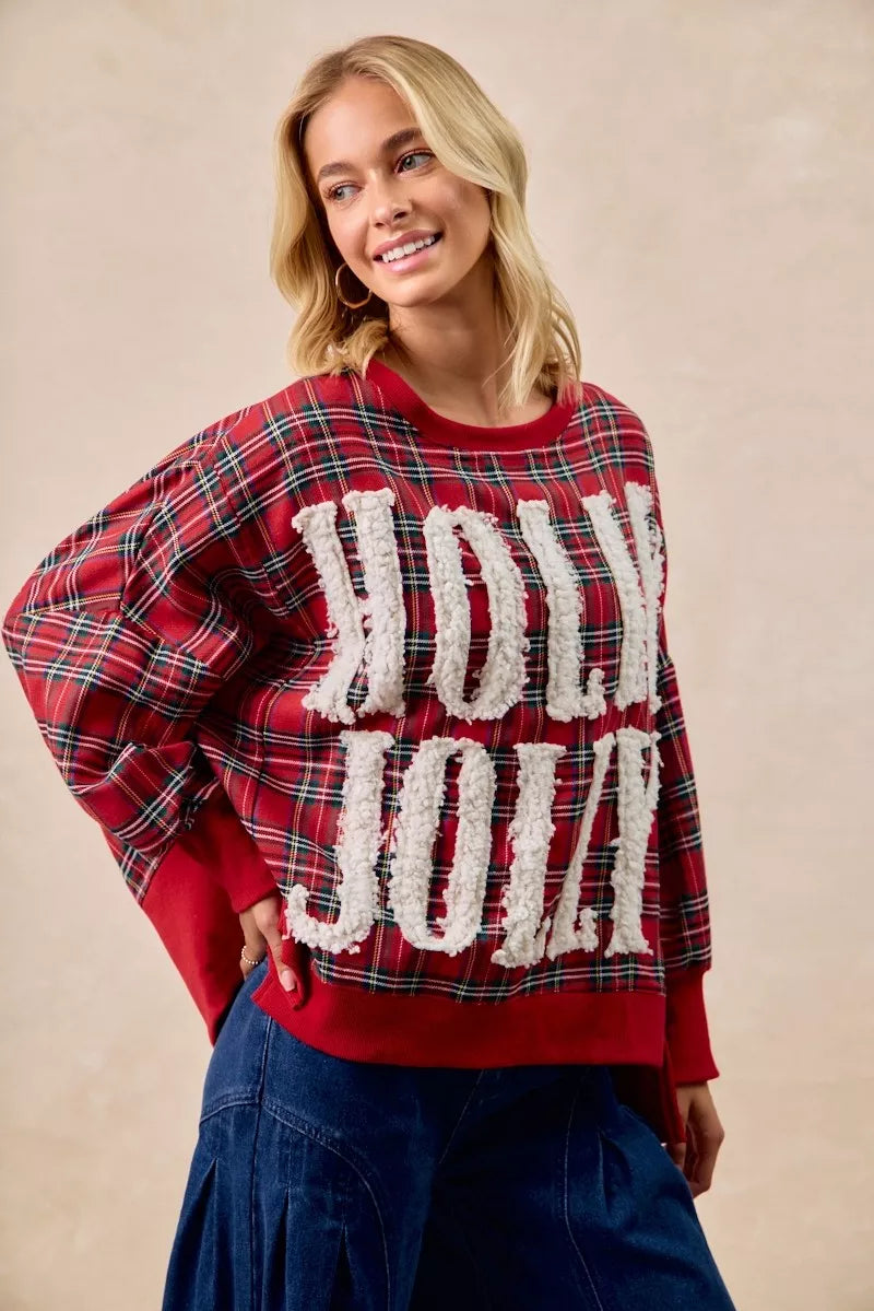 BiBi Women's Oversized Christmas Plaid Sweatshirt - Holly Jolly Holiday Party Top - Red Plaid Shirt