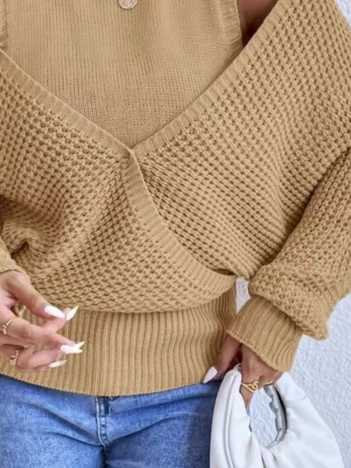 Oversized Cold Shoulder Sweater in Brown knit worn with denim jeans