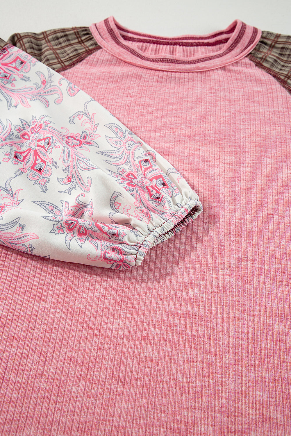 Plaid Floral Patchwork Round Neck Long Sleeve Top Trandify Deal