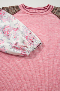 Plaid Floral Patchwork Round Neck Long Sleeve Top Trandify Deal