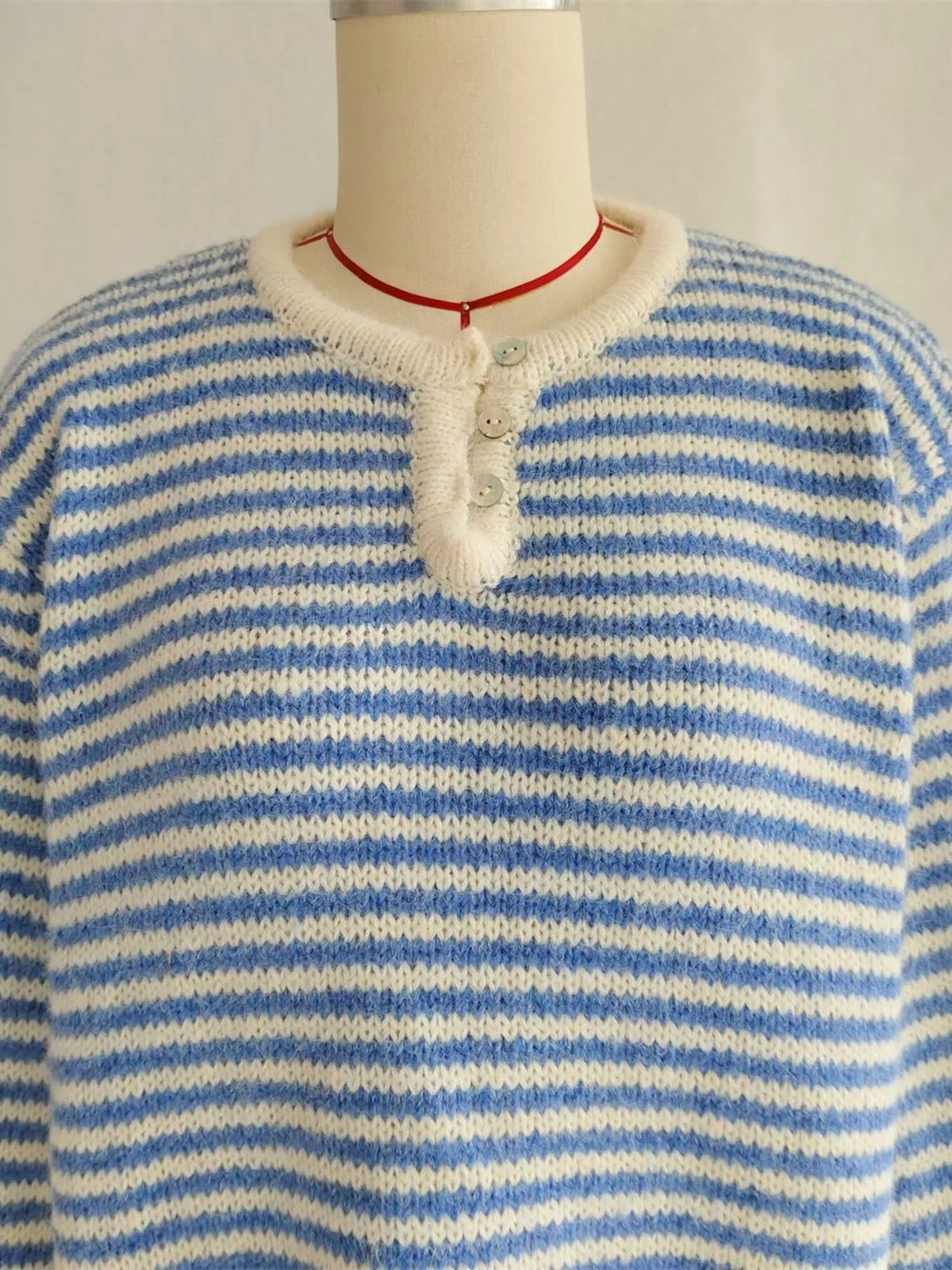 Women's Striped Button Sweater - Long Sleeve Knit Top