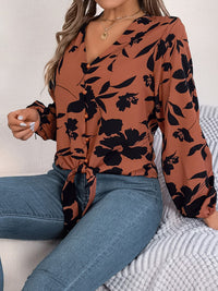 Printed V-Neck Long Sleeve Blouse Trandify deal
