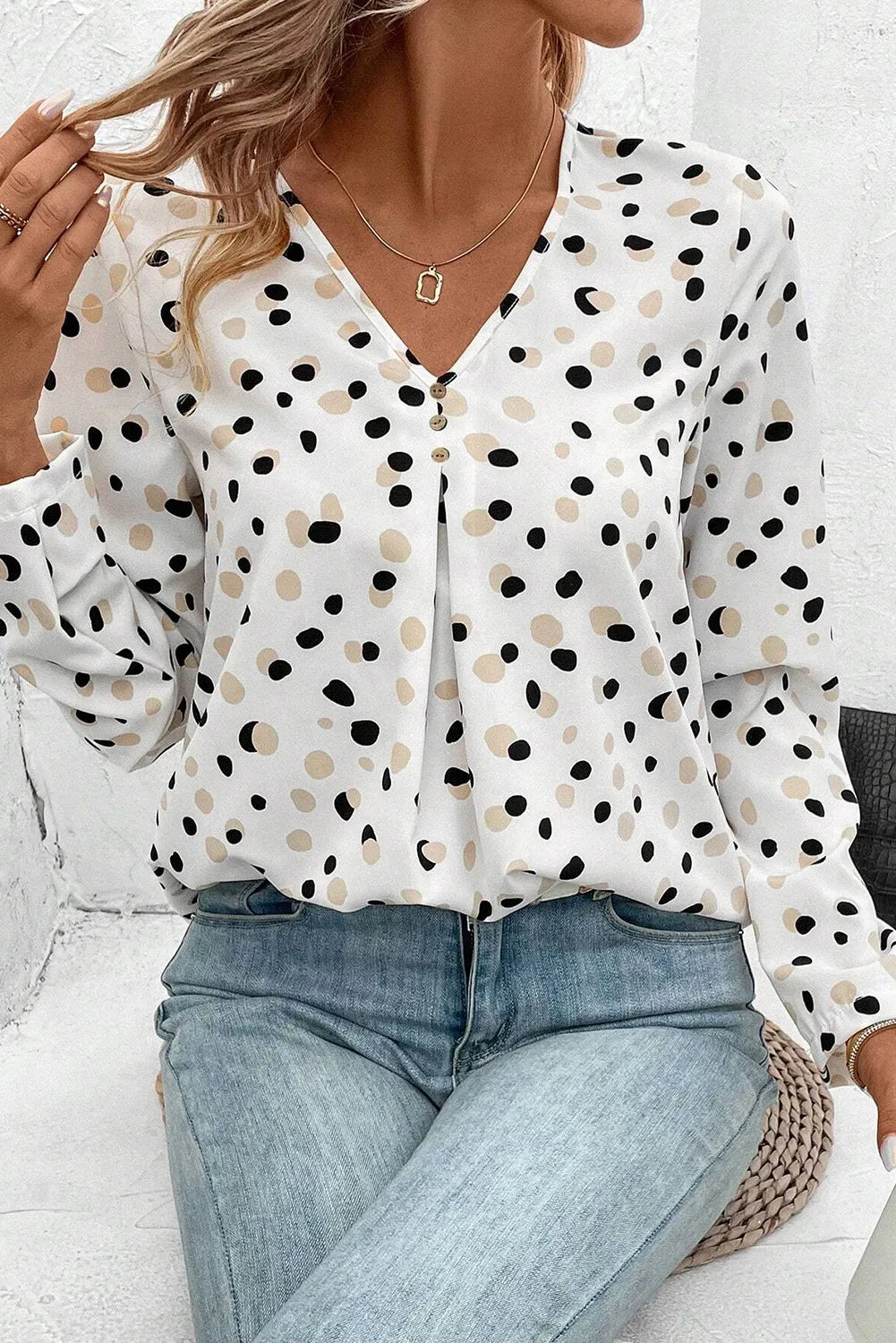 Printed V-Neck Long Sleeve Blouse Trandify Deal