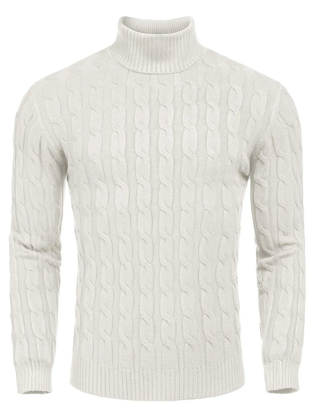 Men's Cable Knit Turtleneck Sweater worn by a model in White