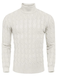 Men's Cable Knit Turtleneck Sweater worn by a model in White