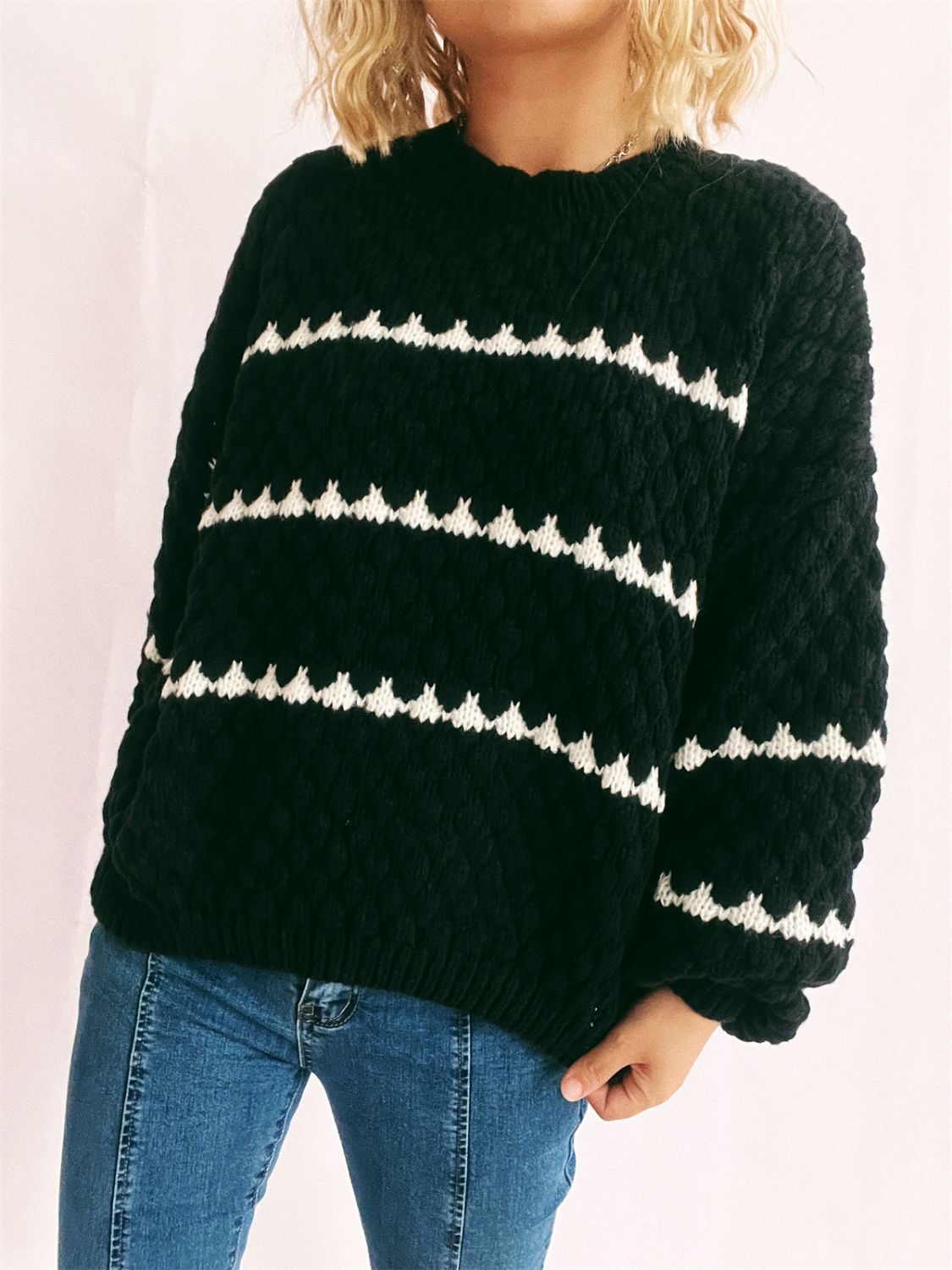 Contrast Stripes Round Neck Long Sleeve Sweater Trandify Deal