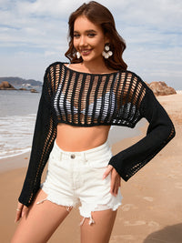 Openwork Boat Neck Long Sleeve Cover-Up Trandify deal