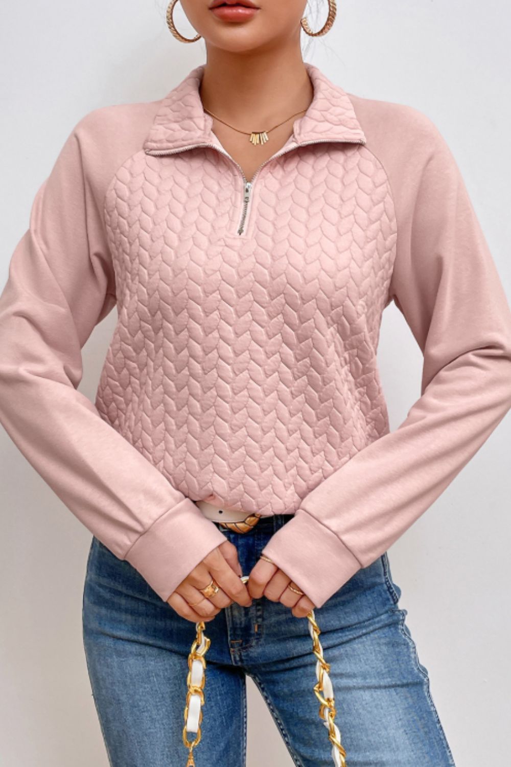 Textured Quarter Zip Long Sleeve Sweatshirt Trandify Deal