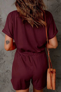 Full Size Drawstring V-Neck Short Sleeve Romper Trandify deal